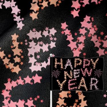 Imagem de YongFoto Bandeira de feliz ano novo 1,2 x 1,8 m serapilheira dupla face estrelas coloridas rosa fogos de artifício quatro lados costurado cor brilhante durável resistente ao desbotamento à prova de