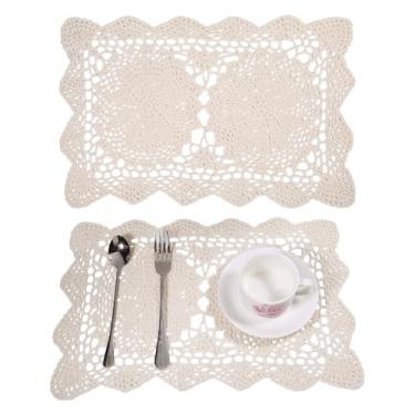 Imagem de GLOBLELAND 2 peças de jogo americano retangular de renda de algodão, 43 x 27 cm, tapetes de mesa de crochê de algodão, para decoração de casa, decoração de mesa, decoração de festa de casamento