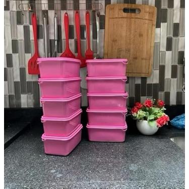 Imagem de Kit 10 potes Retangulares 1 litro marmita vasilha tapoer(Rosa)