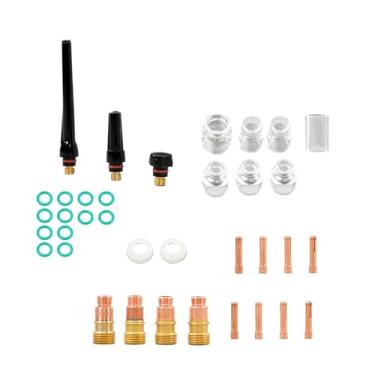 Imagem de findmall Kit de acessórios de tocha de soldagem TIG de 36 peças – Conjunto de lentes de gás atarracadas (4-12) com copos de vidro – Compatível com tochas WP-17, WP-18, WP-26