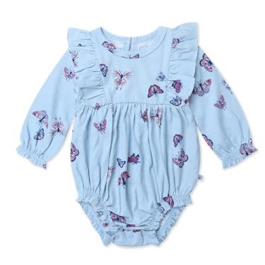 Imagem de HonestBaby Vestido com babados e ombro bolha 100% algodão orgânico para bebês meninas, Azul borboleta voadora, Recém Nascido