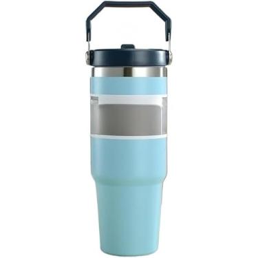 Imagem de Garrafa Térmica 900ML Com Alça Flip Aço Inoxidável Isolamento Térmico Com Canudo Academia Trabalho(azul)