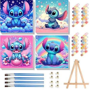 Imagem de Pacote com 4 tintas de desenho animado por números para crianças com tela emoldurada - com cavalete de madeira, pintura por número para crianças de 4 a 8 a 12 anos, kits de pintura a óleo acrílica