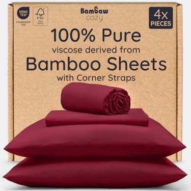 Imagem de Bambaw Conjunto King Size 100% viscose derivado de lençóis de bambu – 4 peças de lençóis super macios e refrescantes, lençóis de luxo King Size com bolsos profundos, serve para colchões de até 40 cm