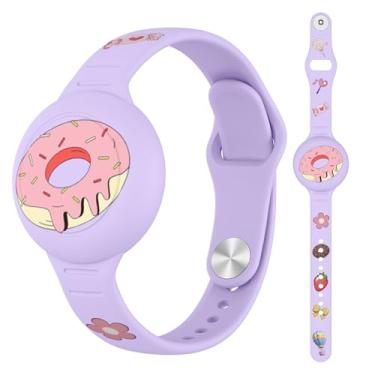 Imagem de Pulseira infantil impermeável para AirTag, desenho animado de silicone macio para AirTag para crianças com design oculto, compatível com pulseira Apple AirTag para crianças (rosquinha roxa)