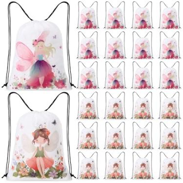 Imagem de SilTriangle 24 peças de sacos de cordão de fadas de flores à prova d'água para lembrancinhas de festa de aniversário e praia, 2 desenhos de fadas (40 x 30 cm)
