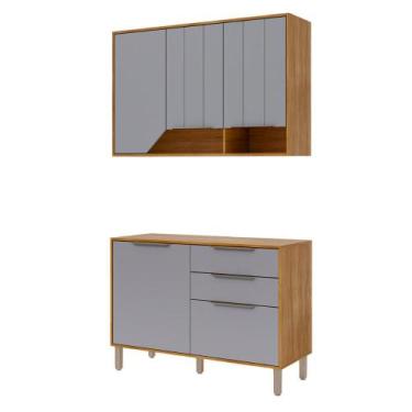 Imagem de Balcão com Aéreo Celeste 120 cm com 5 Portas - Loja DoceLar, Cinamomo/