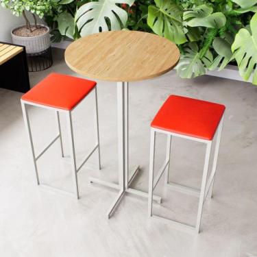 Imagem de Conjunto Mesa Alta Bar Bistrô Redonda Pinus 2 Bancos Estofado Industri