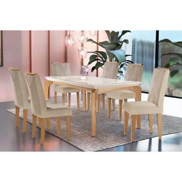 Imagem de Conjunto: Mesa Sala Jantar Londrina c/ Tampo Madeirado c/ Vidro Canto Reto 180x90cm e 6 cadeiras Amsterdã Imbuia-Capuccino/Suede Creme - Rufato