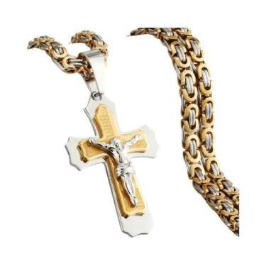 Imagem de Colar Masculino com Cruz Bizantina em Aço Inoxidável - Pingente de Jes