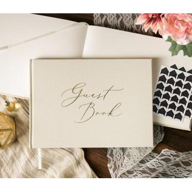 Imagem de Livro de visitas em branco luxuoso – Capa dura de linho creme grande de 29 x 21,6 cm com capa dourada em relevo e bordas douradas – Casamento sem forro, chá de bebê ou livro de memórias para eventos