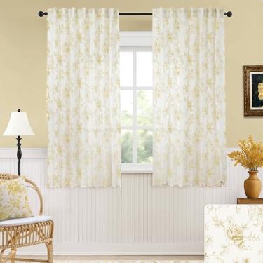 Imagem de Cortinas transparentes de linho boho amarelo dourado 127 x 163 centímetros de comprimento, conjunto de 2 painéis para quarto, aba traseira, bolso de haste, cortinas transparentes para sala de estar