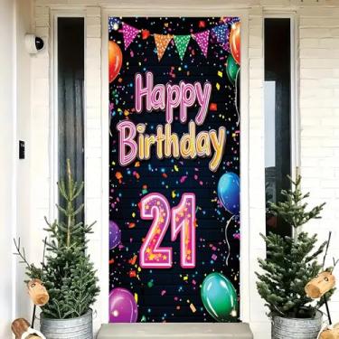 Imagem de Saoplasa Decoração de porta de aniversário de 21 anos 71 x 35 polegadas neon colorido balão banner com confetes para festa de 21 anos suprimentos de festa de aniversário feliz 21 anos decoração de