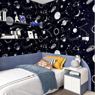 Imagem de ReWallpaper Papel de parede Galaxy Outer Space Peel and Stick 17,5 pol. x 23 pés papel de parede removível céu noturno estrela brilhante lua teto papel de parede autoadesivo para berçário crianças