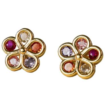 Imagem de Brinco Semi-joia Dourado Banhado a Ouro 10 milésimos com Pedras Flor Cravejado Antialérgico