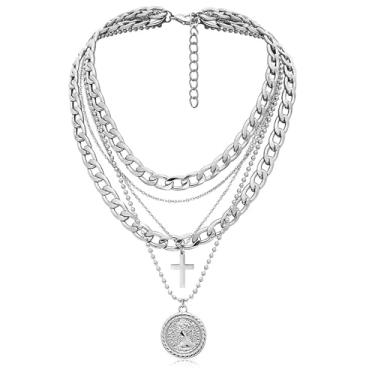 Imagem de Todenb Colar de pirata em camadas de ouro para mulheres, corrente grossa, joia de pirata, colar com pingente de moeda dos anos 80 e 90, acessórios de fantasia de pirata, Medium, Zinco, Sem Pedra