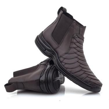 Imagem de Botina Masculina Escamada em Couro Legítimo Comfort Preta Marrom Passe