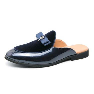 Imagem de Chinelo masculino de couro envernizado com gravata borboleta, sapatilhas, estilo formal, frente única, mocassins de trabalho, casuais, meias sandálias, Azul, 38