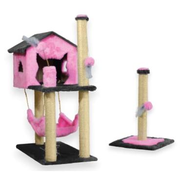 Imagem de Kit Arranhador Para Gato Casa Com Rede e 2 Brinquedos Poste com Base(PINK)