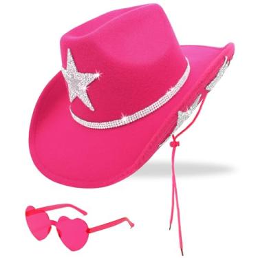 Imagem de Chapéu de vaqueira branco com óculos de sol de coração – chapéu de cowboy com estrela de glitter serve para mulheres para festas temáticas de despedida de solteira, Branco, tamanho �nico