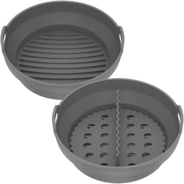 Imagem de Pacote com 2 forros de silicone para fritadeira a ar, forros reutilizáveis para cesta de fritadeira a ar com divisória, acessórios de forno de micro-ondas para fritadeira a ar, melhor do que forro de