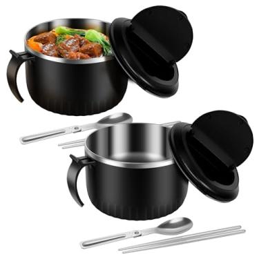 Imagem de 2 tigelas de ramen com tampa e alça, conjunto de tigelas de ramen de 1600 ml, tigelas de macarrão de aço inoxidável para ramen, pho, sopa e macarrão, podem ser lavadas na lava-louças e portátil, ideal