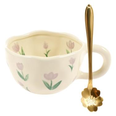 Imagem de kaimenhong Canecas de café de cerâmica, canecas florais vintage com alça, caneca de chá de cerâmica de 297 g, caneca artesanal, copo de porcelana de chá bonito com colher, copo de flores criativo para
