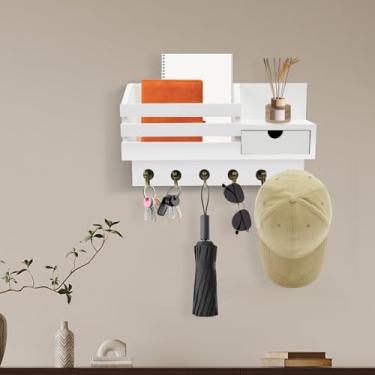 Imagem de Suporte de parede, porta-chaves com prateleira de madeira, organizador de correio montado na parede, inclui suporte para cartas e 6 ganchos para sala de estar, cozinha, escritório, entrada e quarto