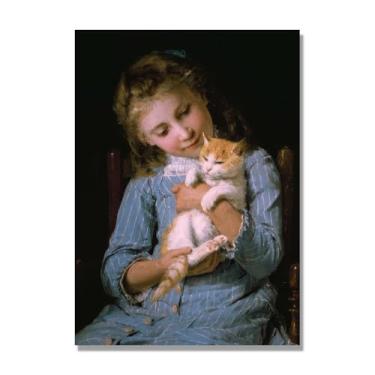 Imagem de Pinturas a óleo famosas, (menina com gato) por Albrecht Anker, reprodução impressa em tela, arte de cenário para decoração de sala de estar. Apenas tela de 80 x 112 cm - 31,4 x 44,1 pol