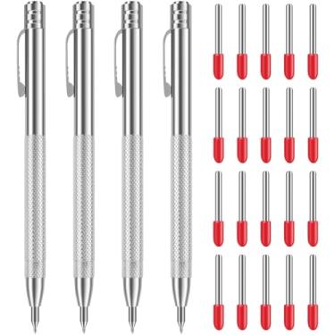 Imagem de ZJMCAJY 4 peças de ponta de aço de tungstênio com 20 pontas de marcação de substituição, ferramenta de metal com ímã, caneta de gravação portátil resistente à ferrugem para vidro, cerâmica, metal