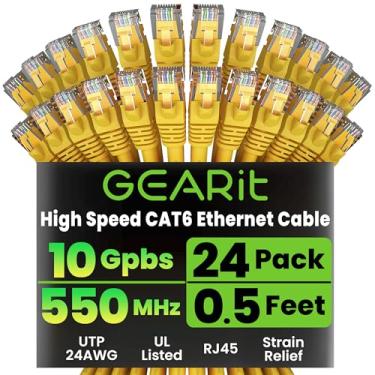 Imagem de GearIT Pacote com 24 cabos Ethernet Cat 6 Cat6 Patch Snagless 0,5 pés - Cabo de rede LAN para computador RJ45 Snagless amarelo - Compatível com 24 48 portas Switch POE Montagem em rack 24 portas