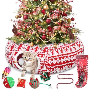 Imagem de Dansydaisy Cama de túnel para gatos de Natal com 8 brinquedos para gatos, cama de túnel de pelúcia fofa para cães com almofada lavável e bolas penduradas, parquinho multifuncional de 1,5 m para