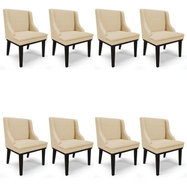 Imagem de Kit 8 Cadeiras Estofadas para Sala de Jantar Base Fixa de Madeira Preto Lia Veludo Luxo Off White - Ibiza