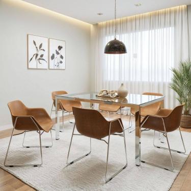 Imagem de Conjunto Mesa de Jantar Retangular Tampo de Vidro 160x75cm Smart com 6 Cadeiras Lodelô Cromado /Branco/Serragem