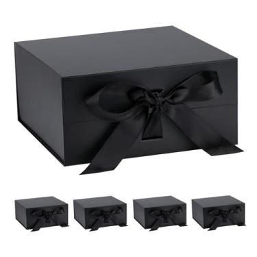 Imagem de OEMVALATY Caixa de presente preta, caixas de presente de 35 x 30 x 12 cm com tampas para presentes com fecho magnético e fita para casamento, armazenamento, aniversário (pacote com 5)