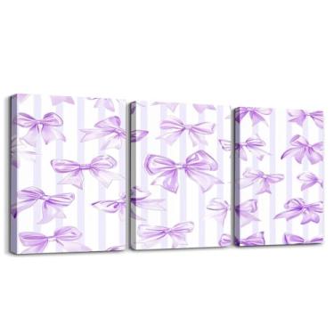 Imagem de Erosebridal Pinturas de arco roxo sonhador 30,5 x 40,6 cm, arte de parede em tela de princesa kawaii, violeta, laço em aquarela, conjunto de 3 pinturas românticas em tela com laço de fita