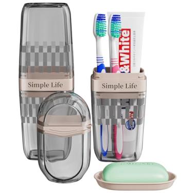 Imagem de VITVITI Recipiente de sabão de viagem, estojo de viagem portátil para escova de dentes, bandeja de pratos, pasta de dentes de 19 cm, conjunto de suporte de escova de dentes de viagem com capa para