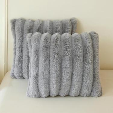 Imagem de MEGO Pacote com 2 capas de almofada fofas de pele de coelho falsa, capas de almofada quadradas com zíper, fronhas de almofada felpudas e felpudas, sofá, cadeira, 45 x 45 cm, cinza claro