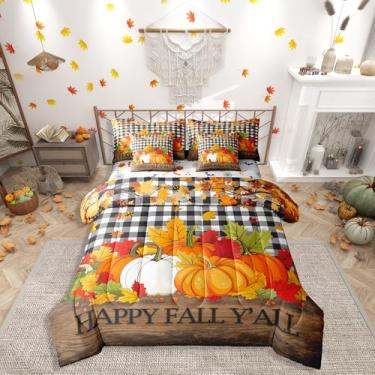 Imagem de Erosebridal Conjunto de edredom queen de abóbora de Ação de Graças com lençóis, treliça geométrica, 7 peças, decoração de colheita, folhas de outono, cama de fazenda em um saco, conjunto de cama com