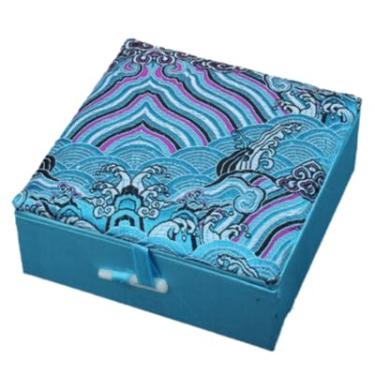 Imagem de Only My Live Home Pulseiras de brocado de seda preenchidas com algodão caixas de joias para mulheres, caixa de armazenamento quadrada estilo chinês (azul celeste (água do mar), 10 x 10 x 4,5 cm