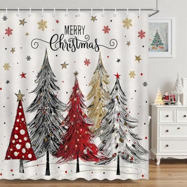 Imagem de Mocsicka Cortina de chuveiro de Natal vermelha preta árvore de Natal cortina de chuveiro vintage decoração de banheira com 12 ganchos 182 x 182 centímetros