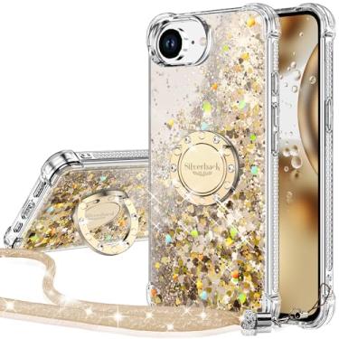 Imagem de Silverback Capa para iPhone 16e com suporte, capa protetora com glitter holográfico líquido em movimento com suporte, anel de diamante brilhante para meninas e mulheres - Ouro