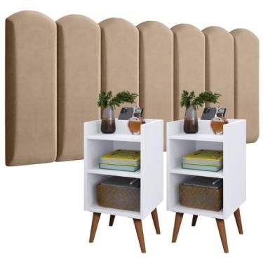 Imagem de 2 de Mesa de Cabeceira Nicho Porta e Kit de Módulo Estofada Adesiva 57x30x26cm(KING 1.95-10 PLACAS,NUVEM BEGE/KIT MAX BRANCO)
