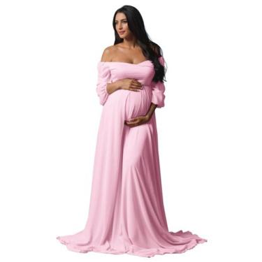 Imagem de Vestido de maternidade Fivsole longo rosa chiffon para sessão de fotos