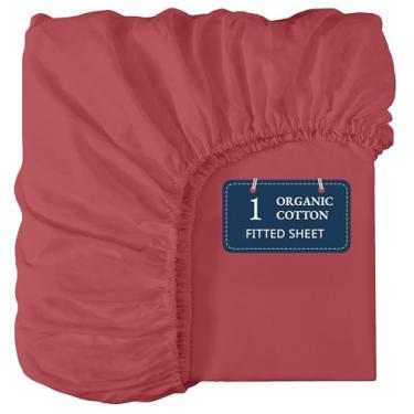 Imagem de Lane Linen Lençol com elástico solteiro 100% algodão orgânico, tamanho GG (99 x 203 cm) - lençol com elástico 100% algodão supermacio, solteiro GG, leve e durável - vermelho mineral