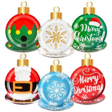 Imagem de Whaline 60 peças de pratos de papel de bola de Natal, pratos de jantar, 23 cm, floco de neve, Feliz Natal, forma de bola, pratos descartáveis para decoração de mesa de Natal, inverno, festas