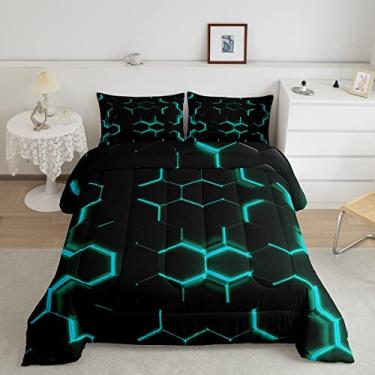 Imagem de Conjunto de edredom hexagonal com estampa azul-petróleo e preto, colmeia geométrica, 3 peças, tamanho casal