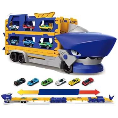 Imagem de BE PLACE KIDS Caminhão Tubarão Cegonha, Pista de 1,65m com 6 Carrinhos de Metal