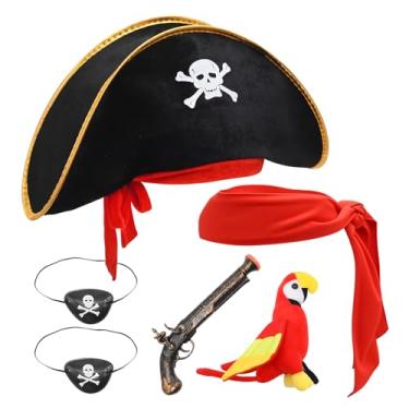 Imagem de MDEOOSKY Conjunto de 6 peças de fantasia de pirata, faixa de cabeça com aplique de olho preto, chapéu de capitão, chapéu de capitão, papagaio, arma de pirata, para brincadeiras à fantasia, festa de
