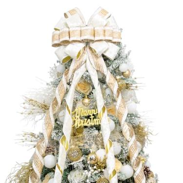 Imagem de Hismir Arco de enfeite de árvore de Natal, 133 x 33 cm de veludo, grande decoração de laço de Natal com linha de serpentina longa, decorações de Natal para casa de festa de guirlanda de árvore (ouro